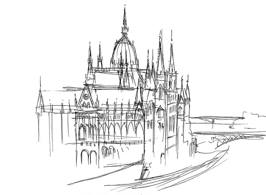 Budapeszt, parlament, Węgry, budynek, Dunaj, kapitał, Miasto, plac, architektura, rysunek odręczny, naszkicować
