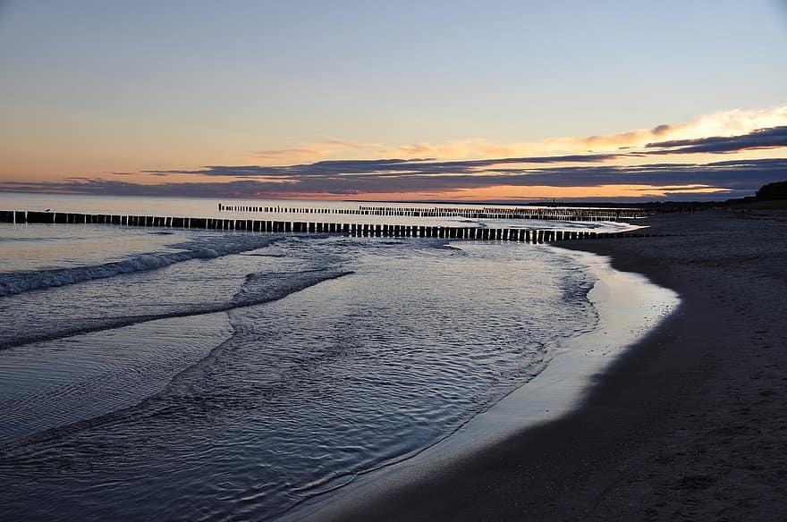 Strand, hav, sand, sandstrand, bank, solnedgang, skumring, horisont, kyst, det Baltiske hav, Fischland