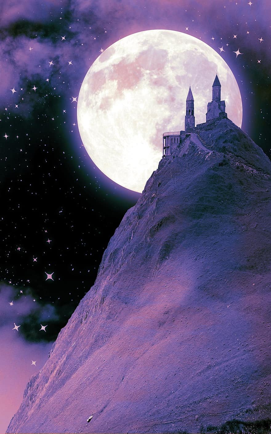 núi, ngôi đền, nhà thờ, các tòa nhà, mặt trăng, trăng tròn, bị cô lập, ngành kiến ​​trúc, điềm tĩnh, tưởng tượng