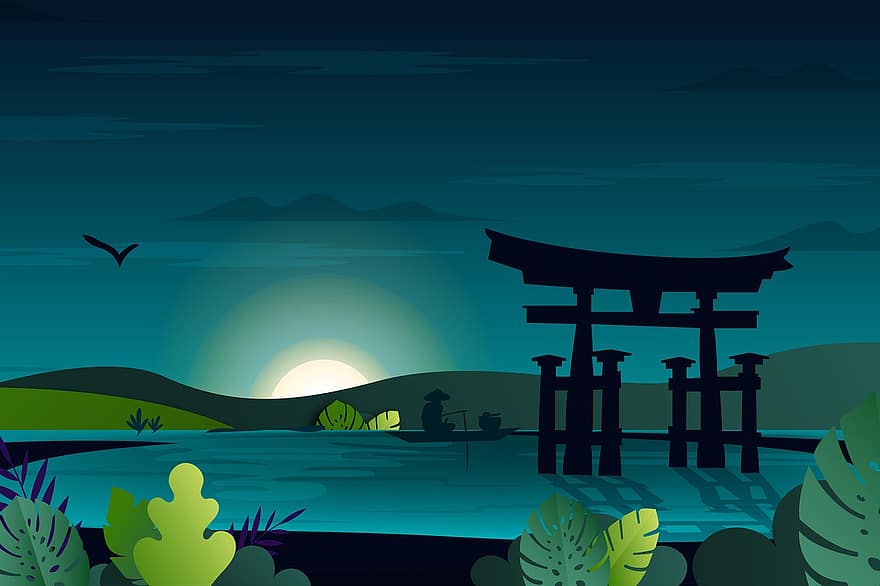 hồ nước, đánh bắt cá, torii, điện thờ, đền thờ Nhật Bản, Thiên nhiên, ngư dân, thuyền, con sông, nông thôn, cây