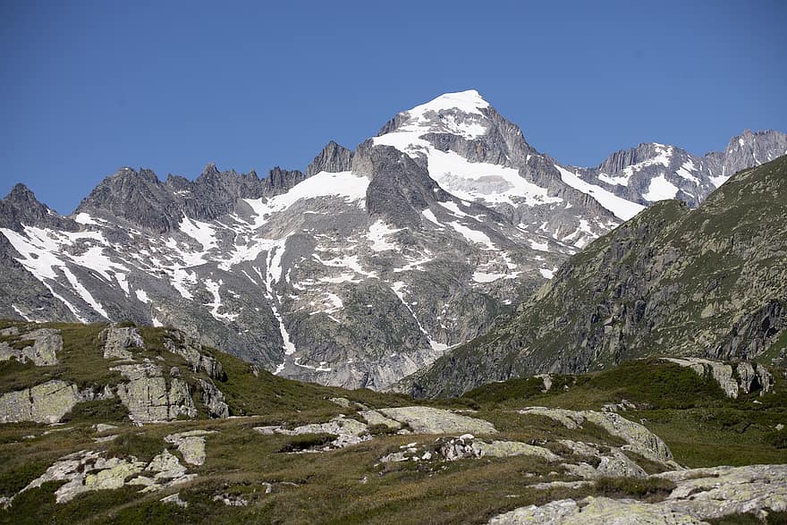 Grimsel kalni, grimsel caurlaide, Šveice, pārgājieni, kalnu, zilas debesis, centrālie alpi, klimata izmaiņas, raksturs, kalni, kalns