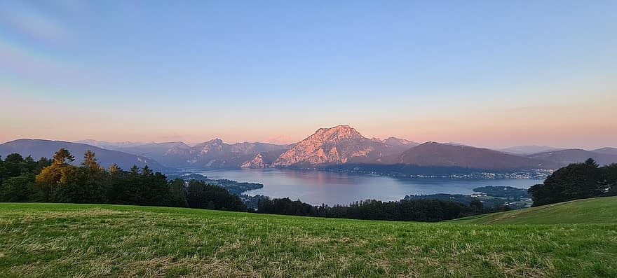 peisaj, munţi, Alpi, Traunsee, Austria, apus de soare, vară, lac, vedere, panoramă, orizont