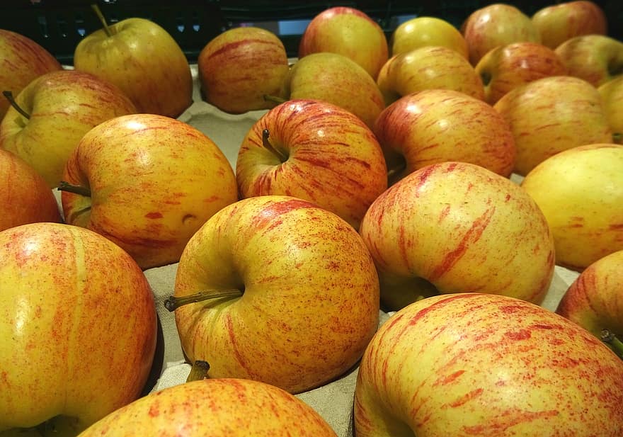 äpplen, frukt, producera, mat, hälsosam, vitaminer, organisk, bås, marknadsföra