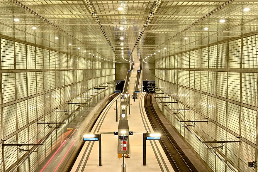 tog, Jernbanestation, tunnel, platform, transportere, undergrundsbane, metrostation, leipzig, by, metro, arkitektur