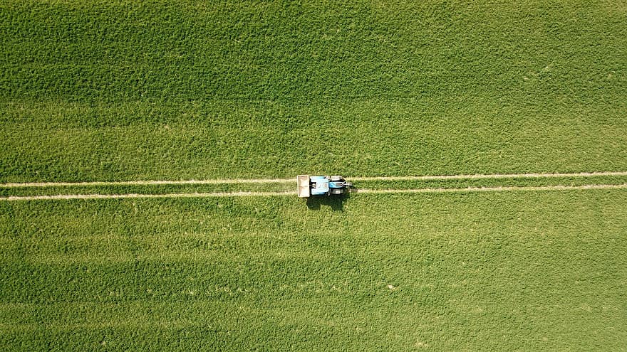 Tractor, Bird's Eye View, Aerial View, Drone, Nature, Work, Rye, Grain, Wheat, Fertilizer, Agriculture