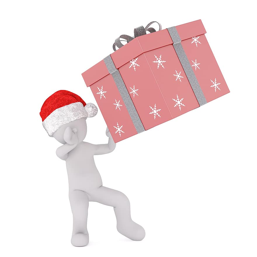 Karácsony, fehér férfi, teljes test, santa kalap, 3D-s modell, ábra, izolált, ajándék, ajándékdoboz, díszdobozok, szeretet
