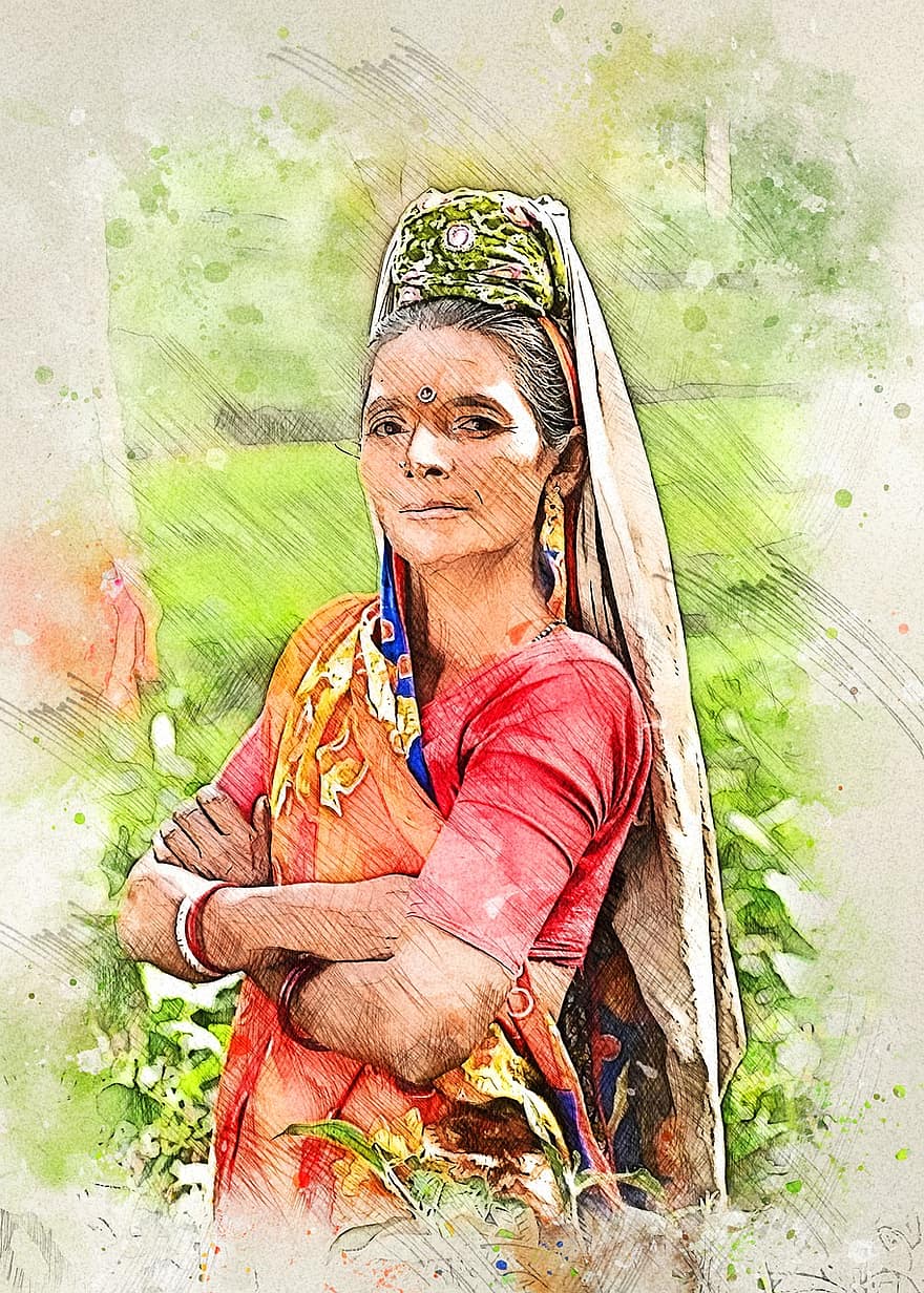 人、女性、インド、畑、植物、収穫、伝統的な、服、インドの服、フォトアート