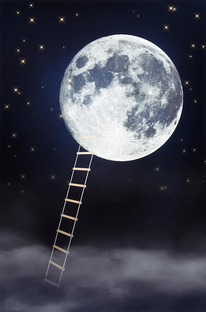 lună, scară, vis, fantezie, alpinism, aer, dori, noapte, spaţiu, albastru, planetă
