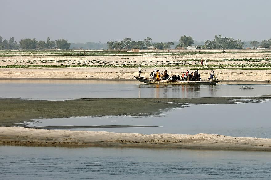 rivier-, boot, kano, mensen, Teesta rivier, Gaibandha