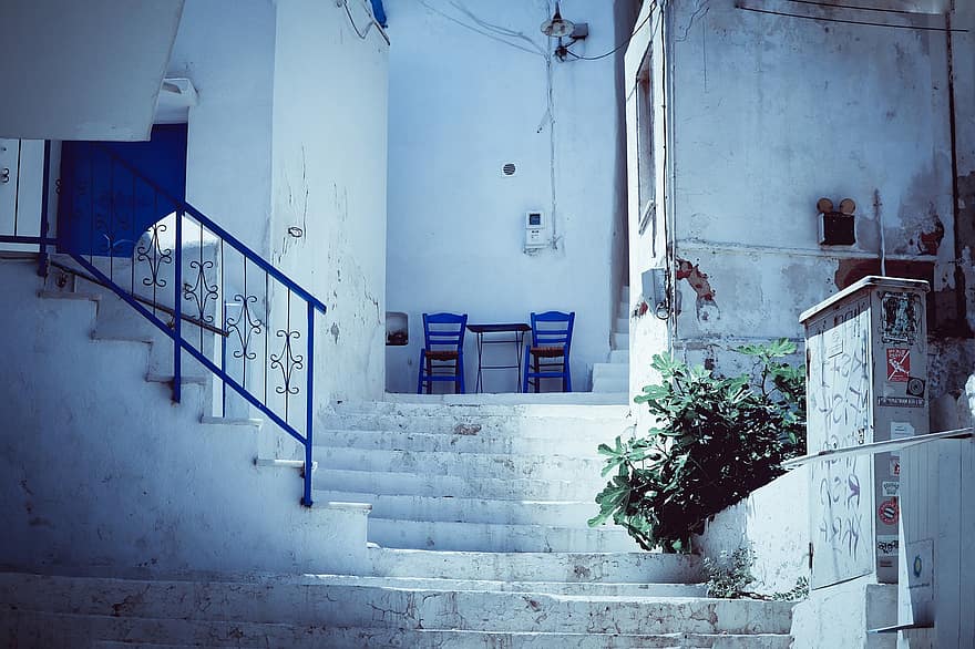 ciutat, Grècia, centre històric, escales, taula, cadira, angle, morbosa, Ventós