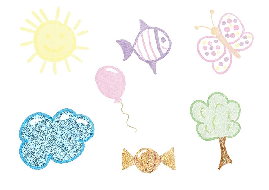 구름, 나비, 풍선, 나무, 태양, 어린이, 수집, 삽화, 만화, 벡터, 여름