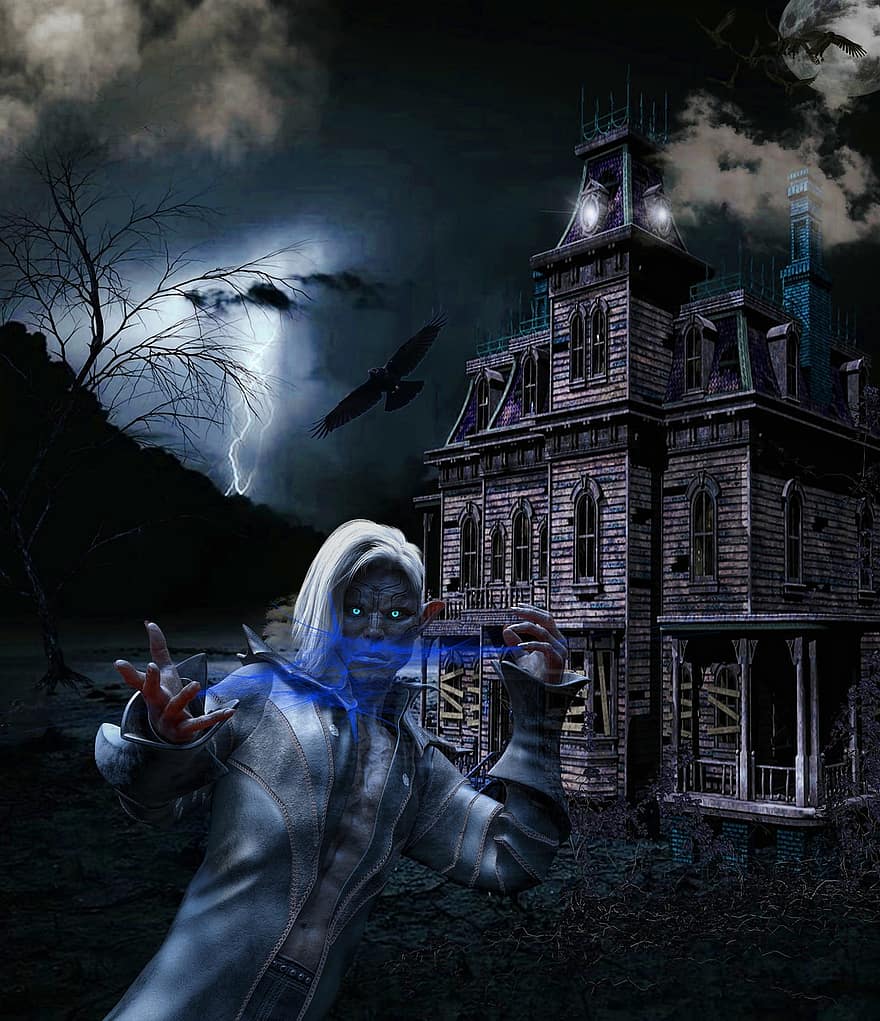 Background, Spooky, House, Crow, Mountains, Dark Wizard, night, halloween, horror, men, dark
