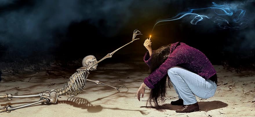 fantasie, meisje, skelet, sigaret, roken, rook, ongezond, samengesteld, fotomontage, surrealistische, licht
