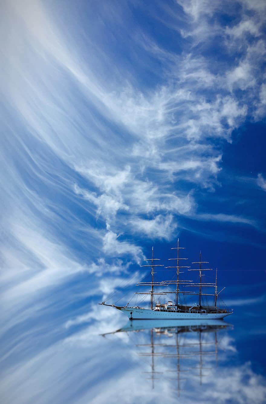 tàu, thuyền buồm, đại dương, biển, bầu trời, những đám mây, cảnh biển, điềm tĩnh