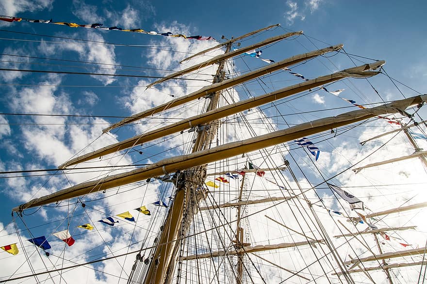 boot, wolken, vlaggen, maritiem, nautische, buitenshuis, touwen, zee, schip, hemel