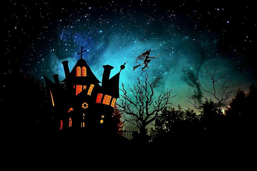 dom czarownicy, czarownica, halloween, bajki, atmosfera, dziwne, surrealistyczny, scena, noc, gwiaździste niebo, hexenbesen