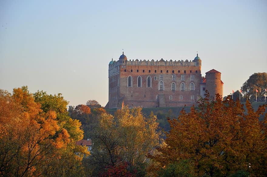城、ゴシック、十字軍、Tutonic、GolubDobrzyń、秋、建築、有名な場所、歴史、建物の外観、木