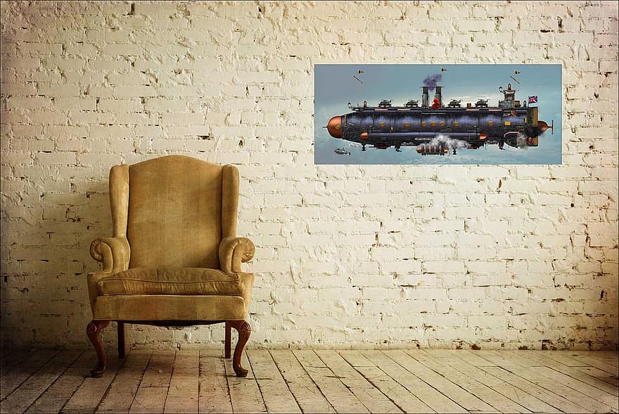 Art, Wing Chair, Airship, Picture, Wall, Steampunk, Pressure, indoors, domestic room, wood, modern