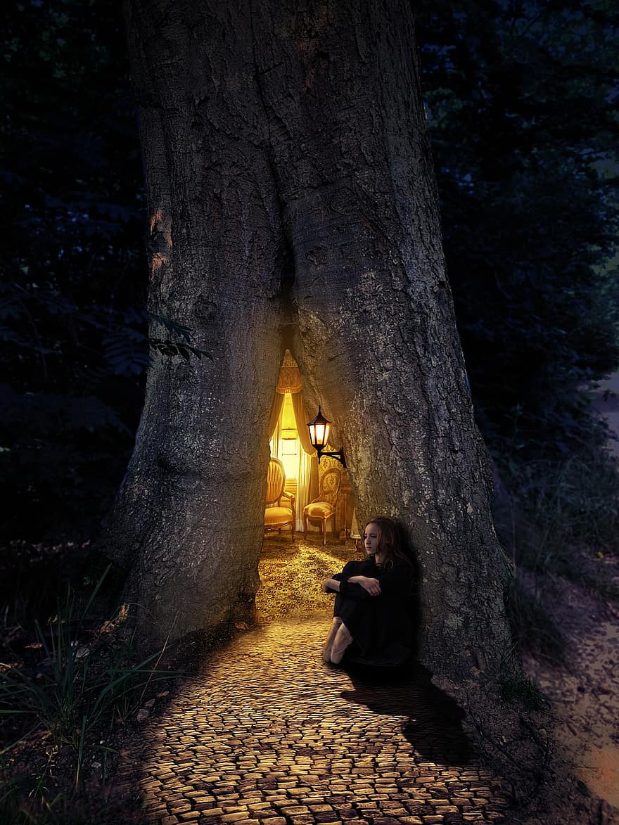 A Fairy Tale, Cottage, Tree, Magic, House, Surrealism, Surreal, Manipulation, Dark, Mystical, Enchanted
