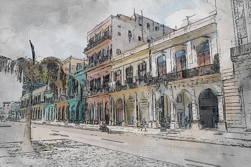 prédios, rua, estrada, ponto de referência, arquitetura, velho, clássico, vintage, Havana, Cuba, foto arte