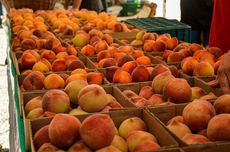 augļi, persiki, ēdiens, veselīgi, augļu tirgū