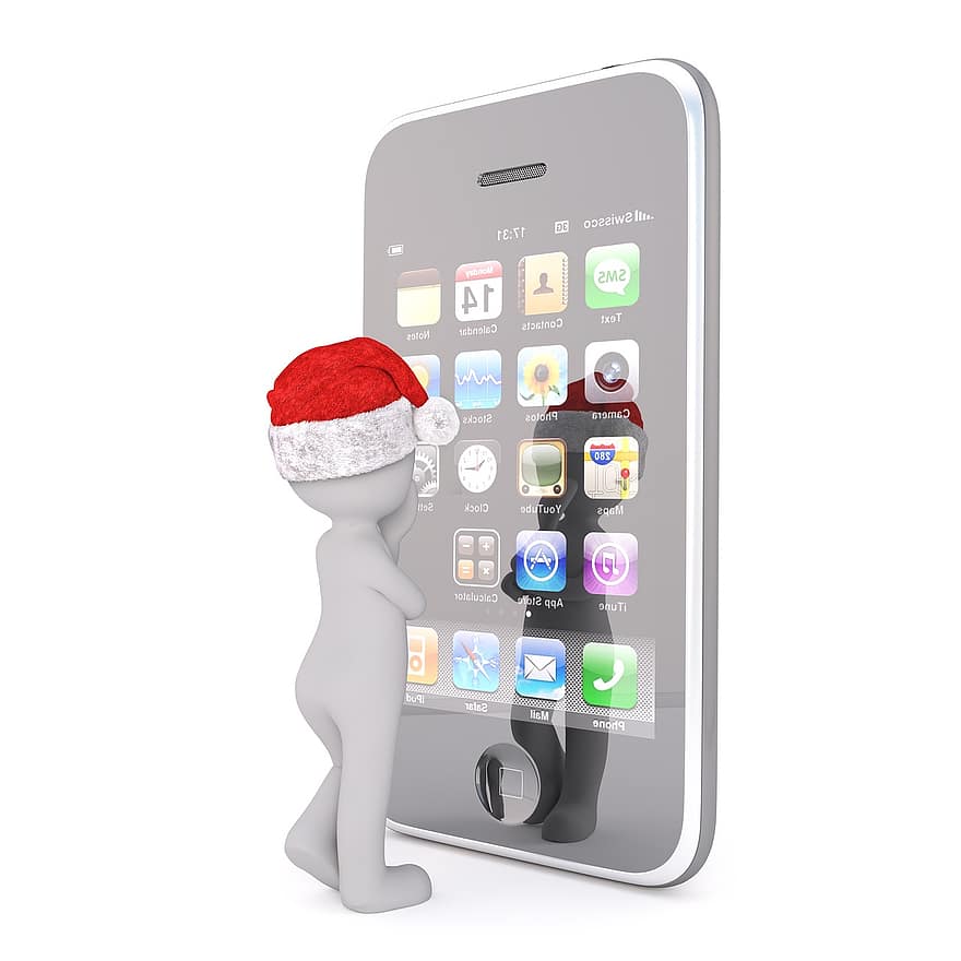 weißer Mann, 3D-Modell, isoliert, 3d, Modell-, Ganzkörper, Weiß, Weihnachtsmütze, Weihnachten, 3d weihnachtsmütze, i-phone
