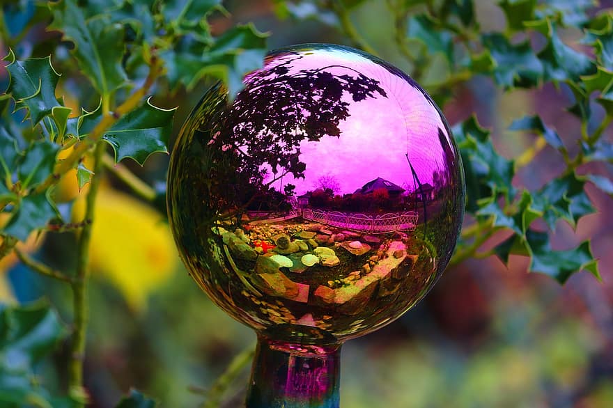 стъклена топка, розов, лилаво, градина, градинска украса, огледало, фантазия, размисъл, дизайн на градината, отразят, цветен