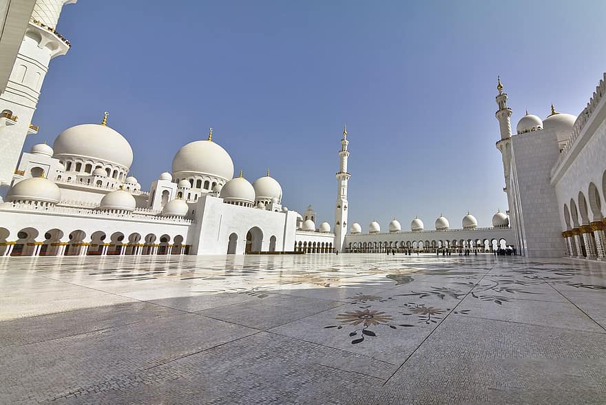mešita šejka zayeda, mešita, nádvoří, mezník, masjid, minaret, mramorová podlaha, bílý mramor, architektura, velká mešita, náboženství