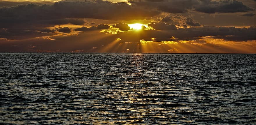 Šiaurės jūra, jūros, saulėlydis, vandenynas, vanduo, banga, horizonto, panorama, saulės šviesa, saulė, atostogos