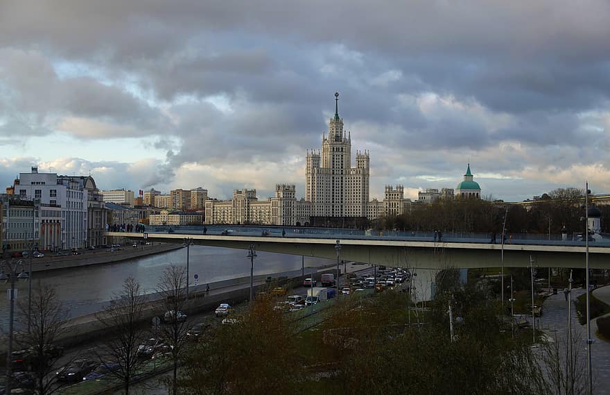 kota, moscow, sungai, Rusia, jembatan