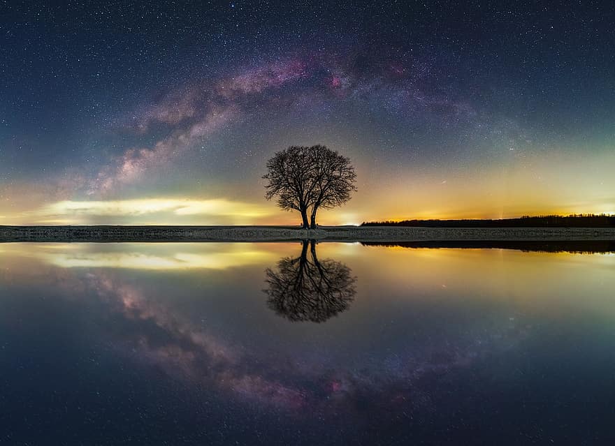 дерево, звезды, вселенная, панорама, ночь, Млечный Путь, Одинокий, фон