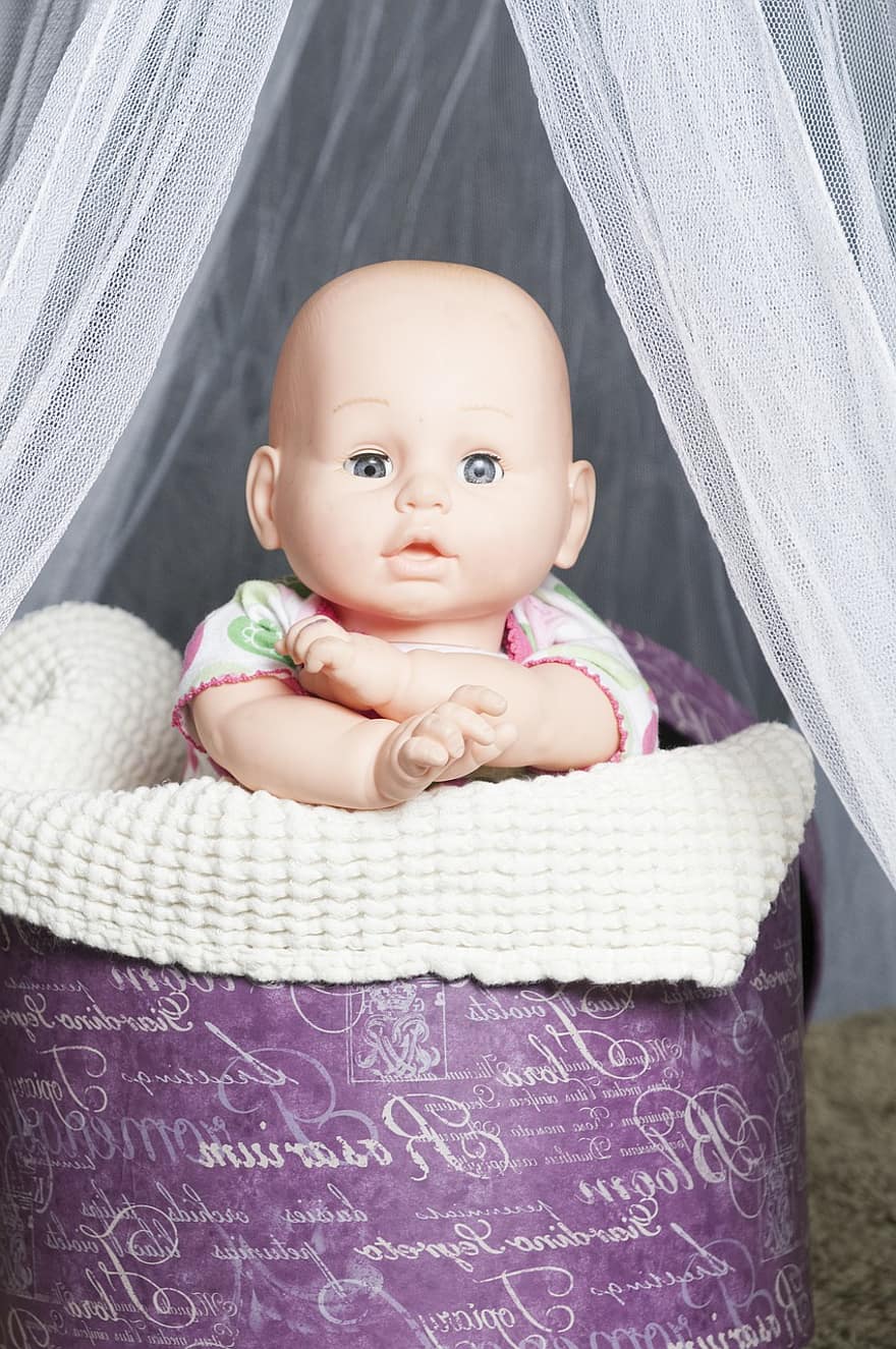 Boneca, caixa de chapéu, cortina, boneca, brinquedo, véu, bebê, recém nascido, fotografia