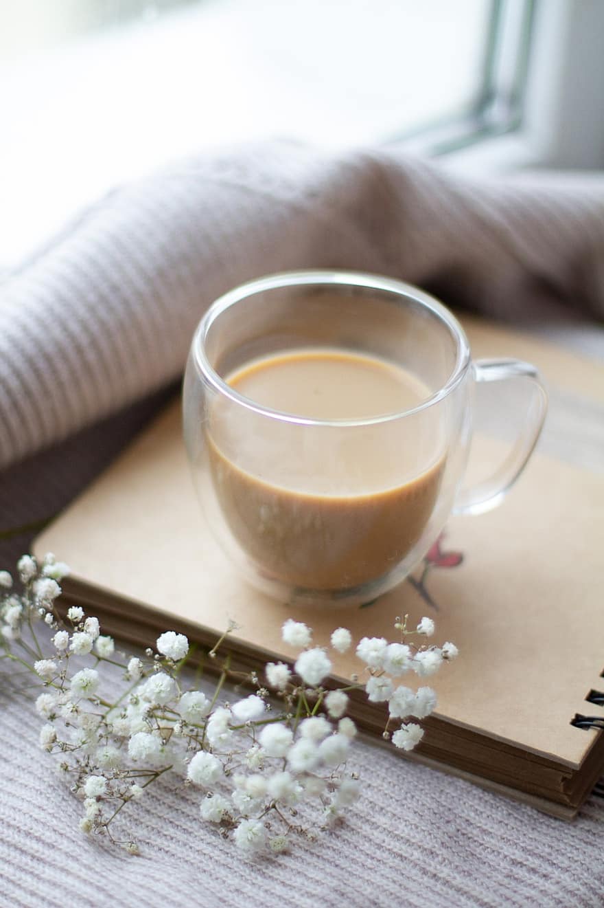 Cup, Mug, Coffee, Flowers, Book, Bowl, Window Sill, Carnation, Glass, Blanket, Still Life