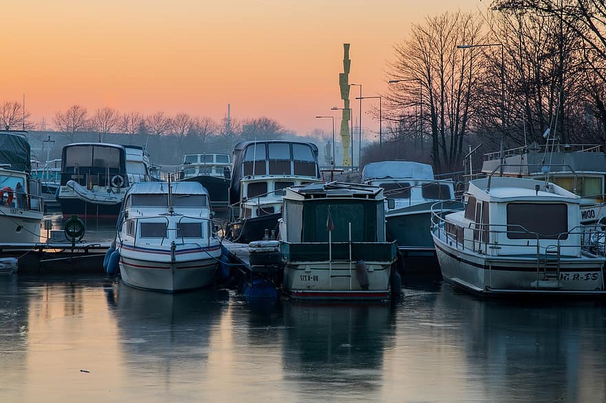 Rhen-Herne-kanalen, hamn, båtar, kanal, docka, marina, herne, solnedgång, vinter-, kanalisera, vatten