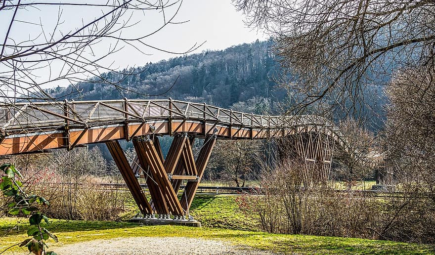 Bridge, Trees, Tatzlwurm Bridge, Wooden Bridge, Mountain, Landscape, Valley, Nature, Landmark, Tourist Attraction, Essing