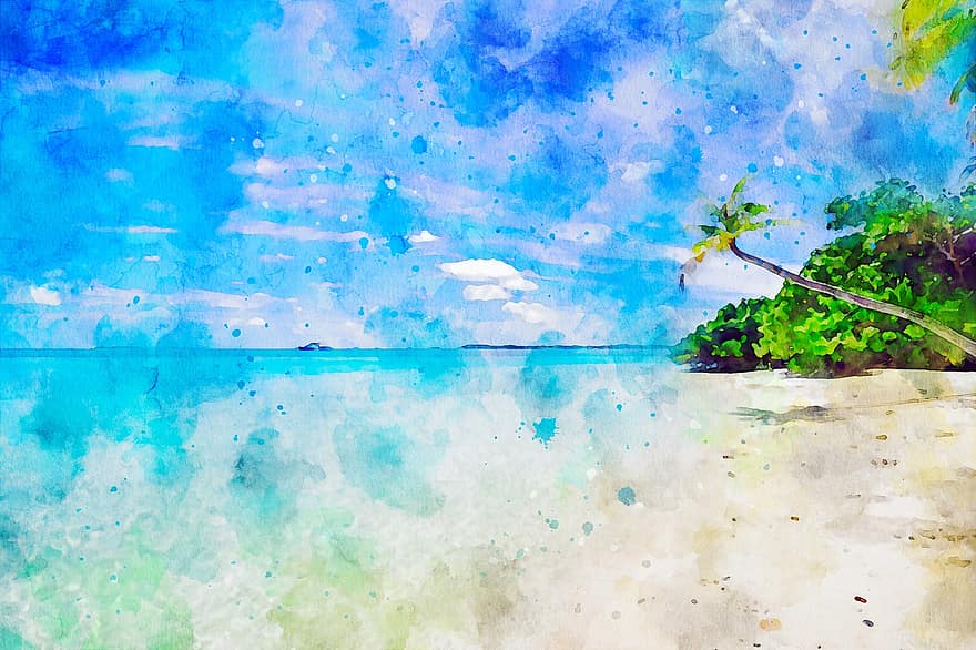 плаж, акварел, живопис, боя, изкуство, Малдивите, море, океан, вода, крайбрежие, морски бряг