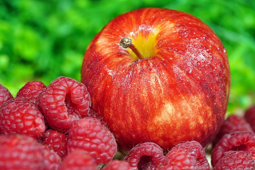 maçã, framboesas, fruta, saudável, Comida