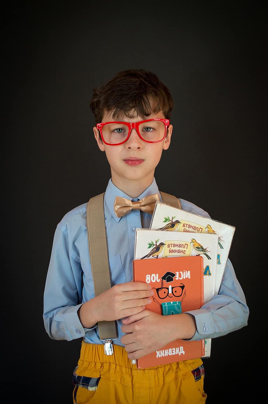 zēns, gudrs, nerd, teen, brilles, skolniece, izcilību, krekls, tauriņš