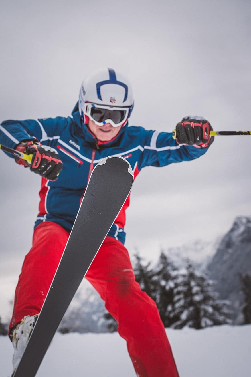 skiløber, mand, handling, bevæge sig, at stå på ski, sport, fitness, vinter, sne, ski beskyttelsesbriller, bjerg