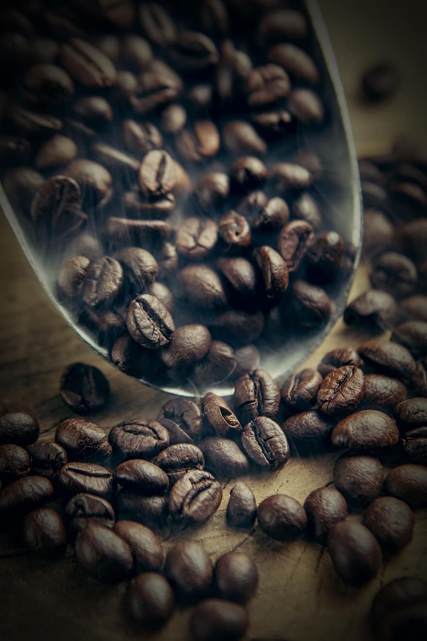 кава, смажений, кавові зерна, насіння, совок, еспресо, капучино, квасоля, впритул, темний, пити