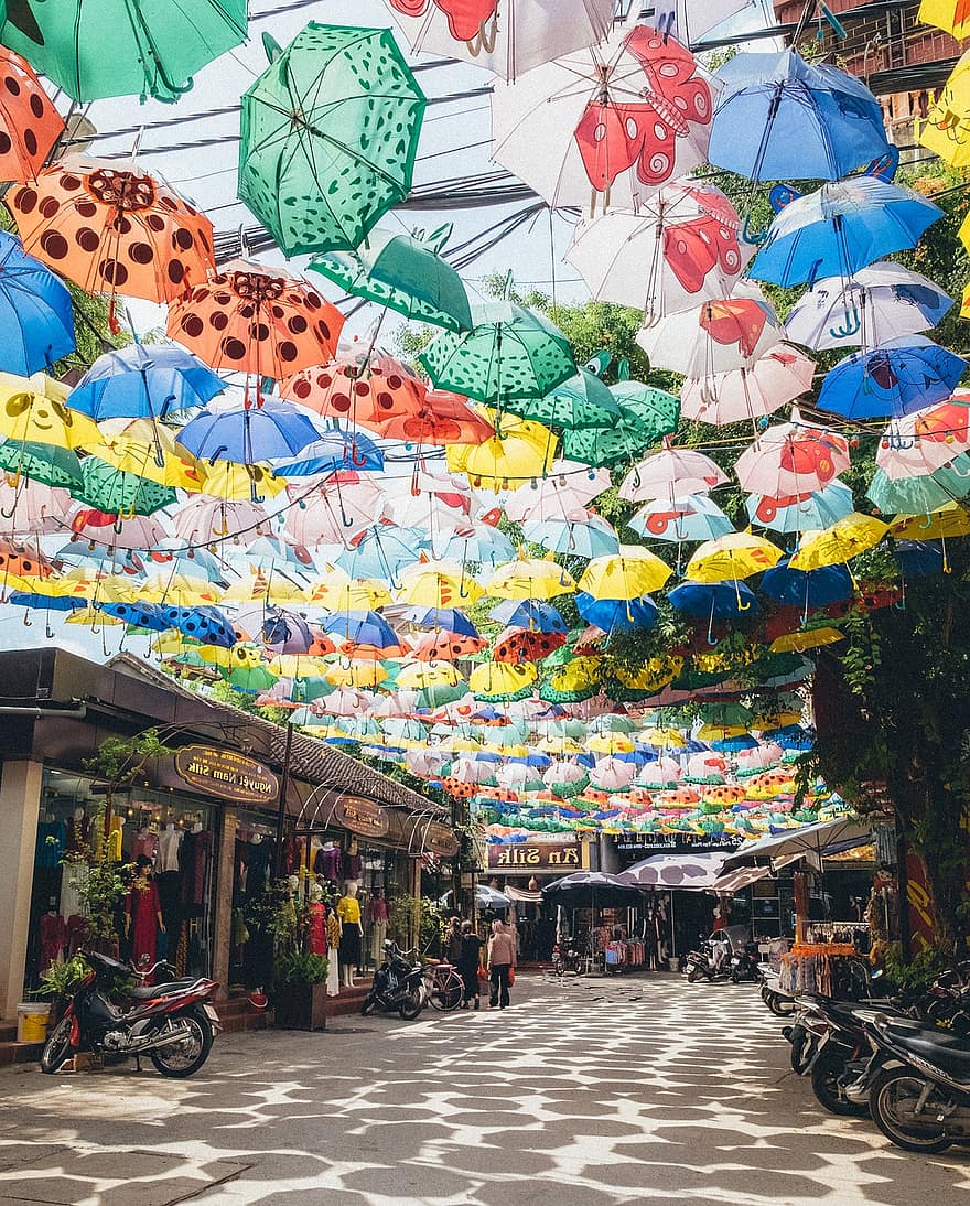 paraplu, straat, shops, winkel, gang, kleurrijk