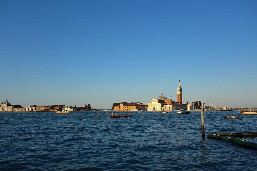 Włochy, Wenecja, morze, zachód słońca, kościół, Europa, kanał, wyspa, architektura
