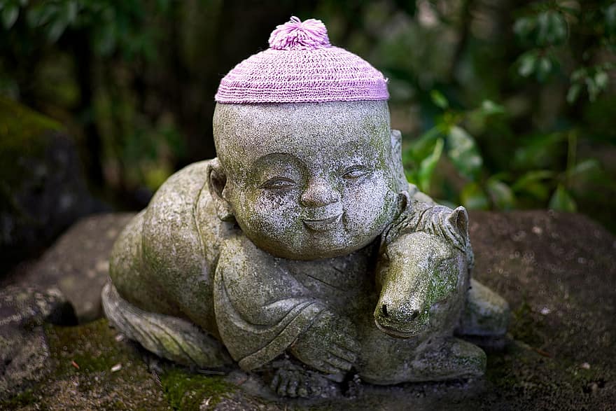 statua, scultura, monaco, piccolo monaco, monaco bambino, statua di pietra, scultura di pietra, decorazione, arredamento, giardino, Miyajima