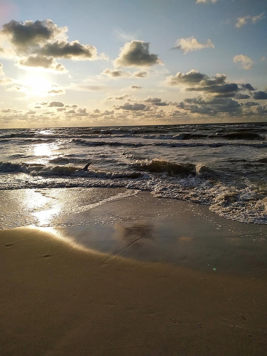 lever du soleil, plage, mer, côte, vagues, eau, rive, littoral, le sable, paysage marin, la nature
