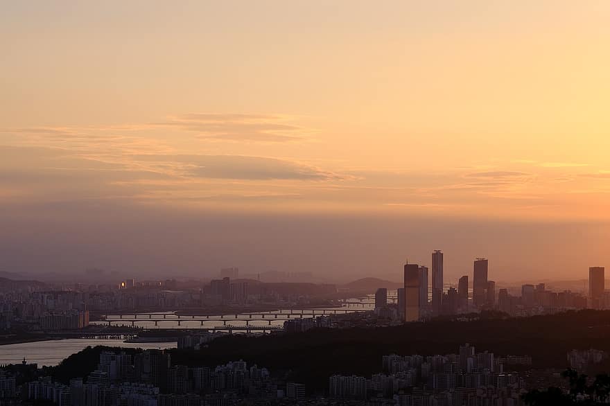 han elv, by, solnedgang, Seoul, elv, bygninger, skyline, kveld, skumring, bybildet, urban skyline