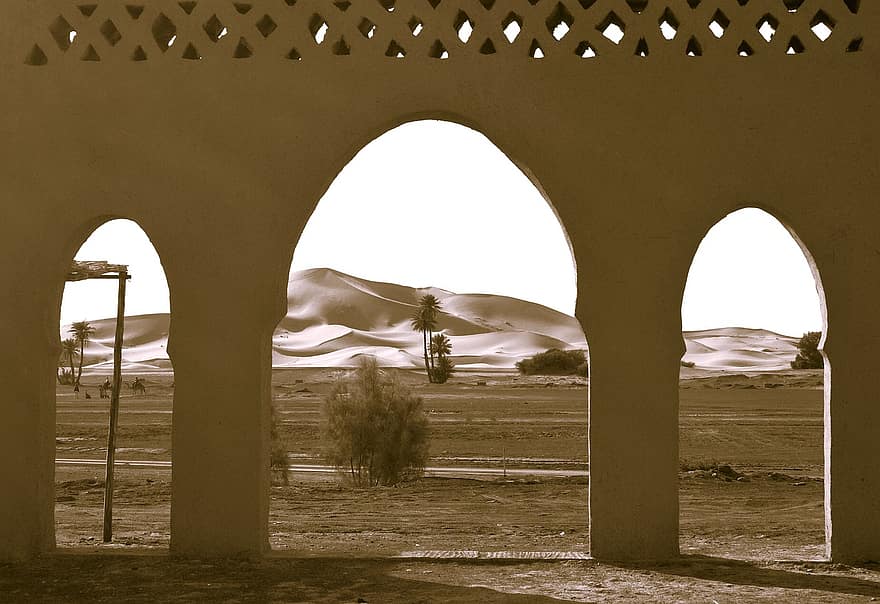 मेहराब, प्रवेश, रेगिस्तान, मोरक्को, रेत, टिब्बा, मस्जिद, संरचना, सड़क पर, परिदृश्य, राय