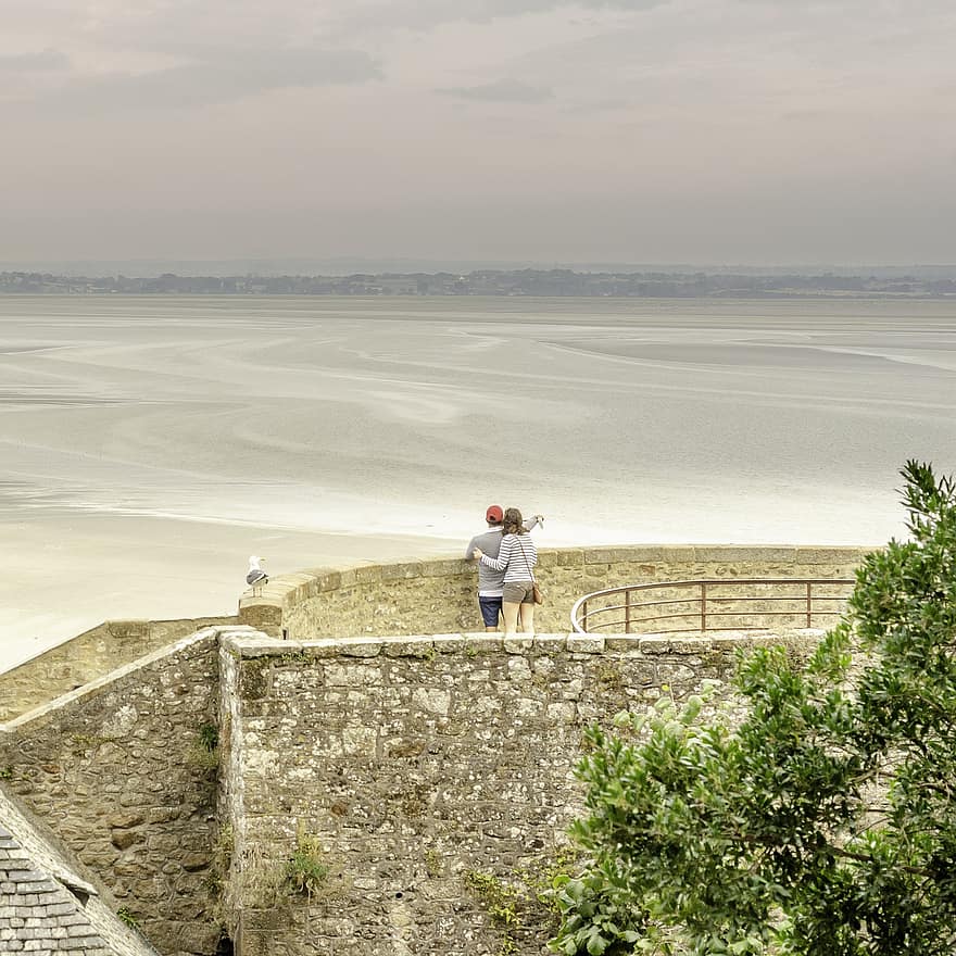 mont saint-michel, Normandië, kasteel, landschap, abdij, mijlpaal, mannen, reizen, volwassen, vrouw, toerist