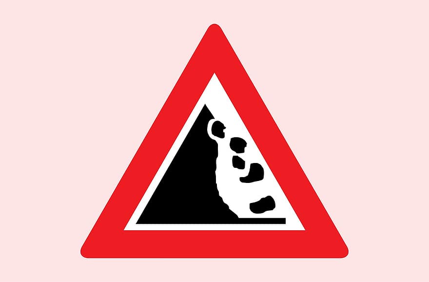 Falling, Rocks, Sign, Road, Warning, Red, Reflective, Traffic, Ride, Attention, Caution
