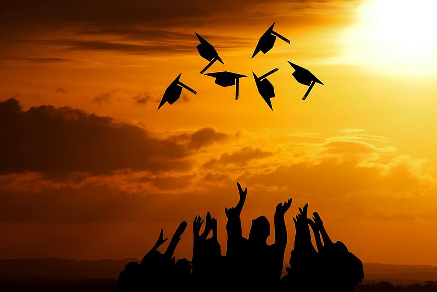 wisuda, akademik, menyelesaikan, udara, matahari, topi, perayaan, upacara, perguruan tinggi, gelar, mendidik