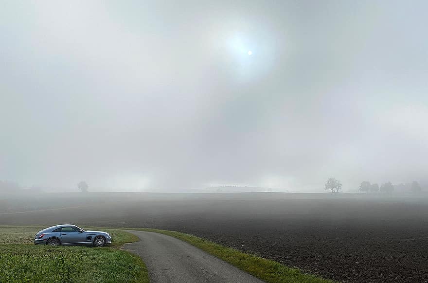 поле, мъглив пейзаж, околност, автомобил, Chrysler Crossfire, мъгла, пейзаж